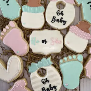 Baby shower cookie set with custom decorated royal icing cookies for a baby celebration