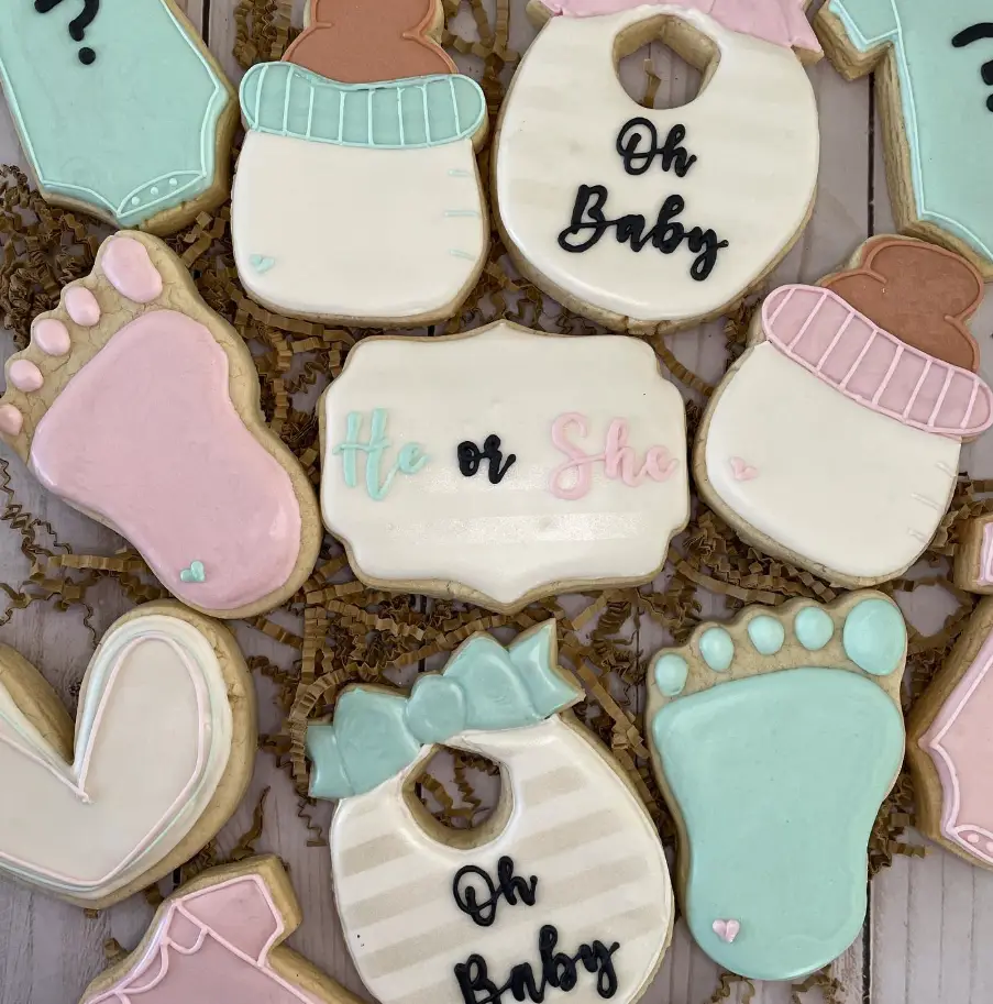 Baby shower cookie set with custom decorated royal icing cookies for a baby celebration